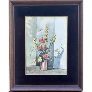 Mars Schmit, aquarelle sur papier bouquet de fleurs, artiste luxembourgeois