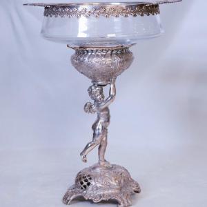 Centre De Table En Métal Argenté Et Cristal Avec Ange Chérubin Porteur 