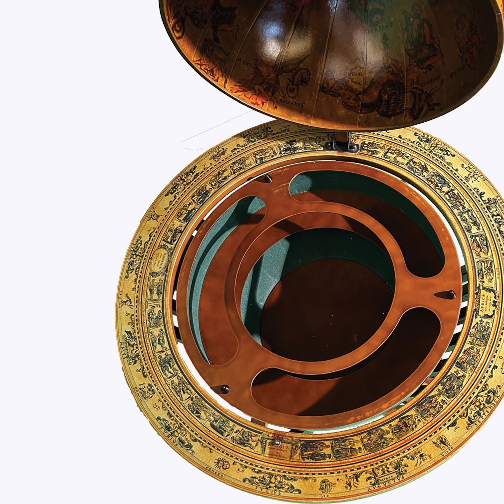 Vintage Globe Bar With 18th-century Map Reproduction On Carved Wooden Base-photo-1