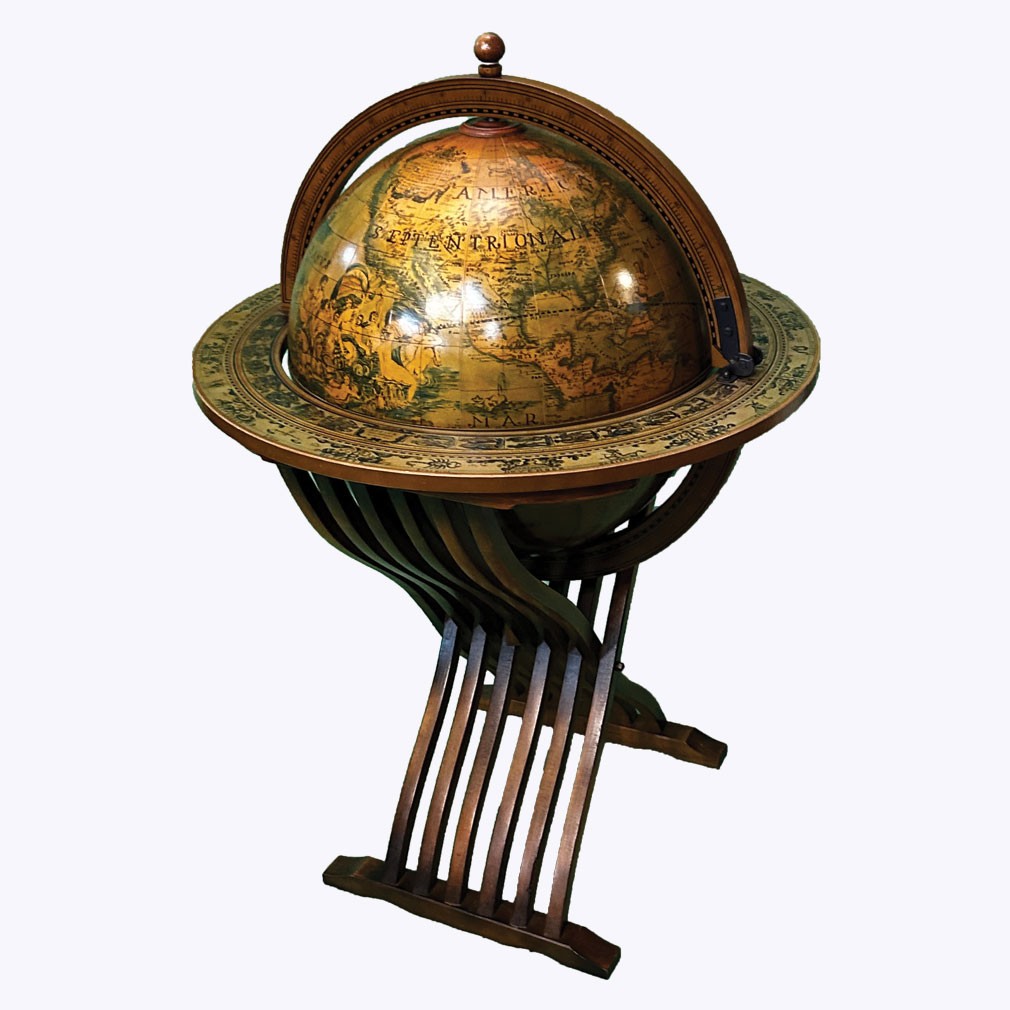 Vintage Globe Bar With 18th-century Map Reproduction On Carved Wooden Base