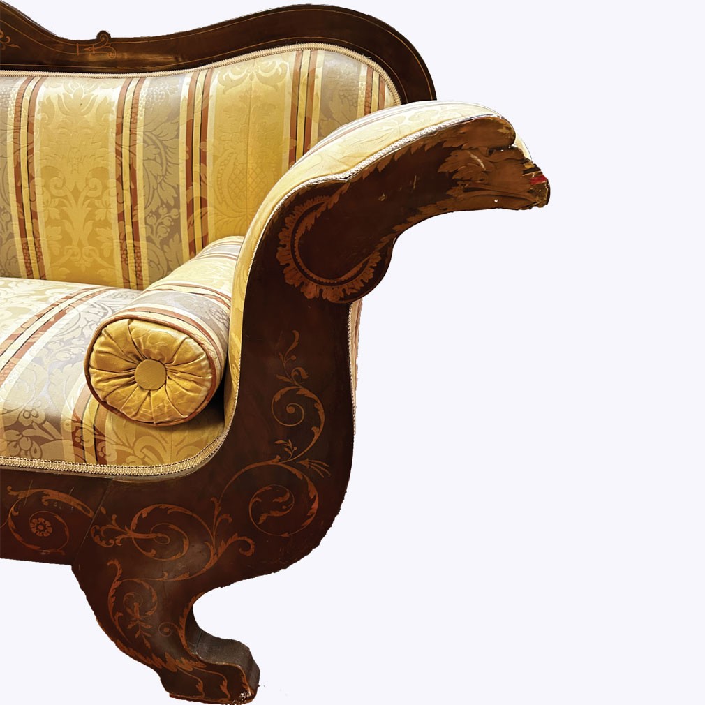 Canapé Charles X XIXe siècle en acajou et marqueterie, tapisserie rénovée-photo-2