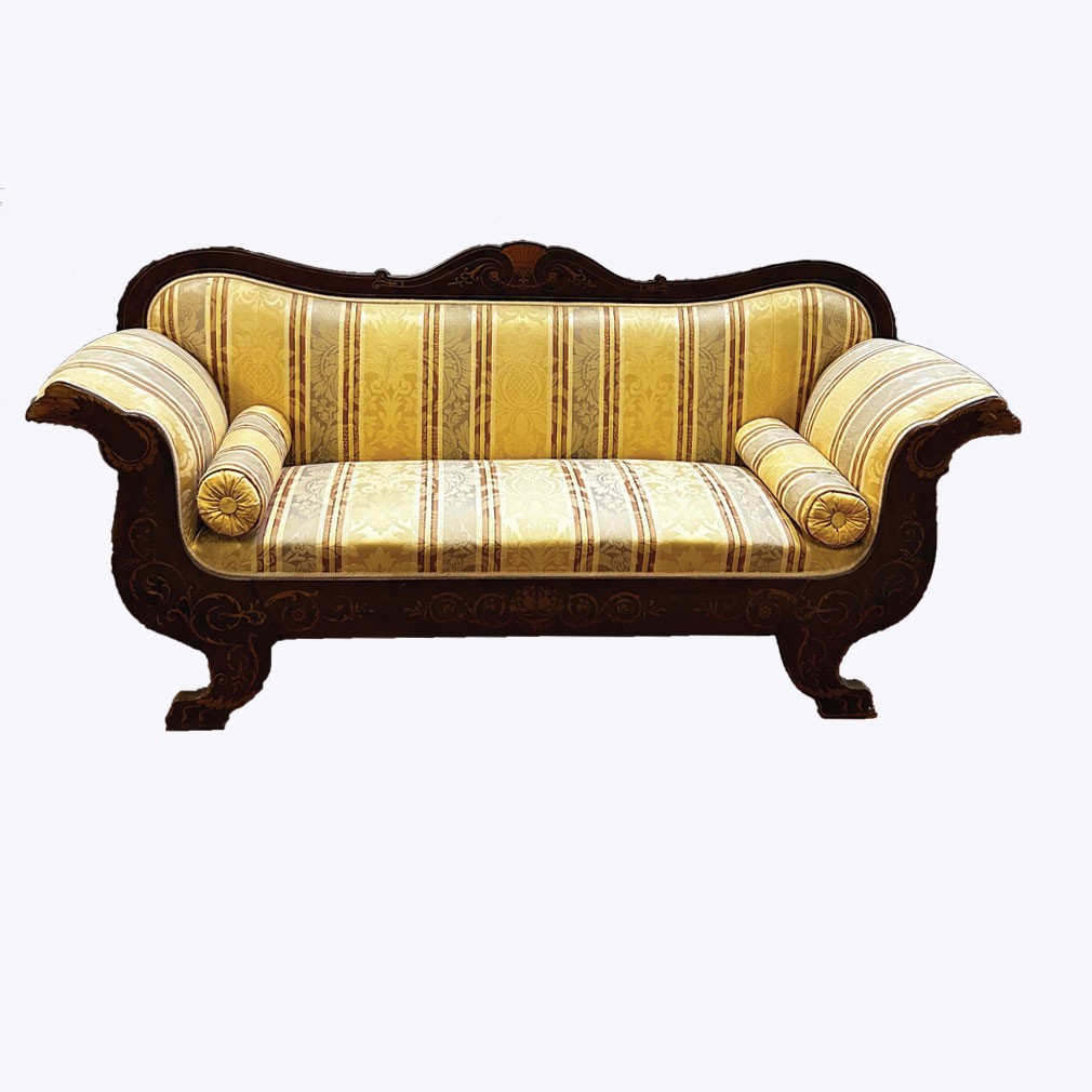 Canapé Charles X XIXe siècle en acajou et marqueterie, tapisserie rénovée