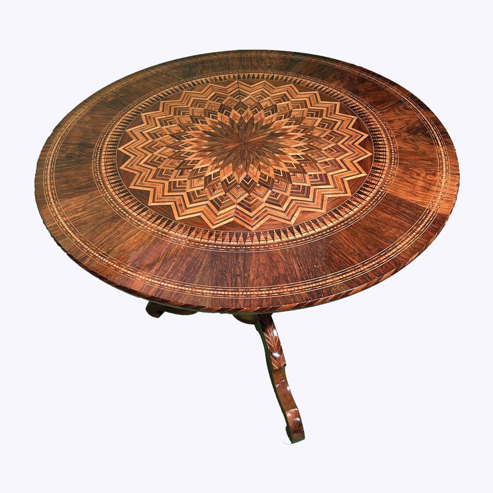 Round Table In Rosewood And Marquetry, 1920s - Diameter 90 Cm-photo-3