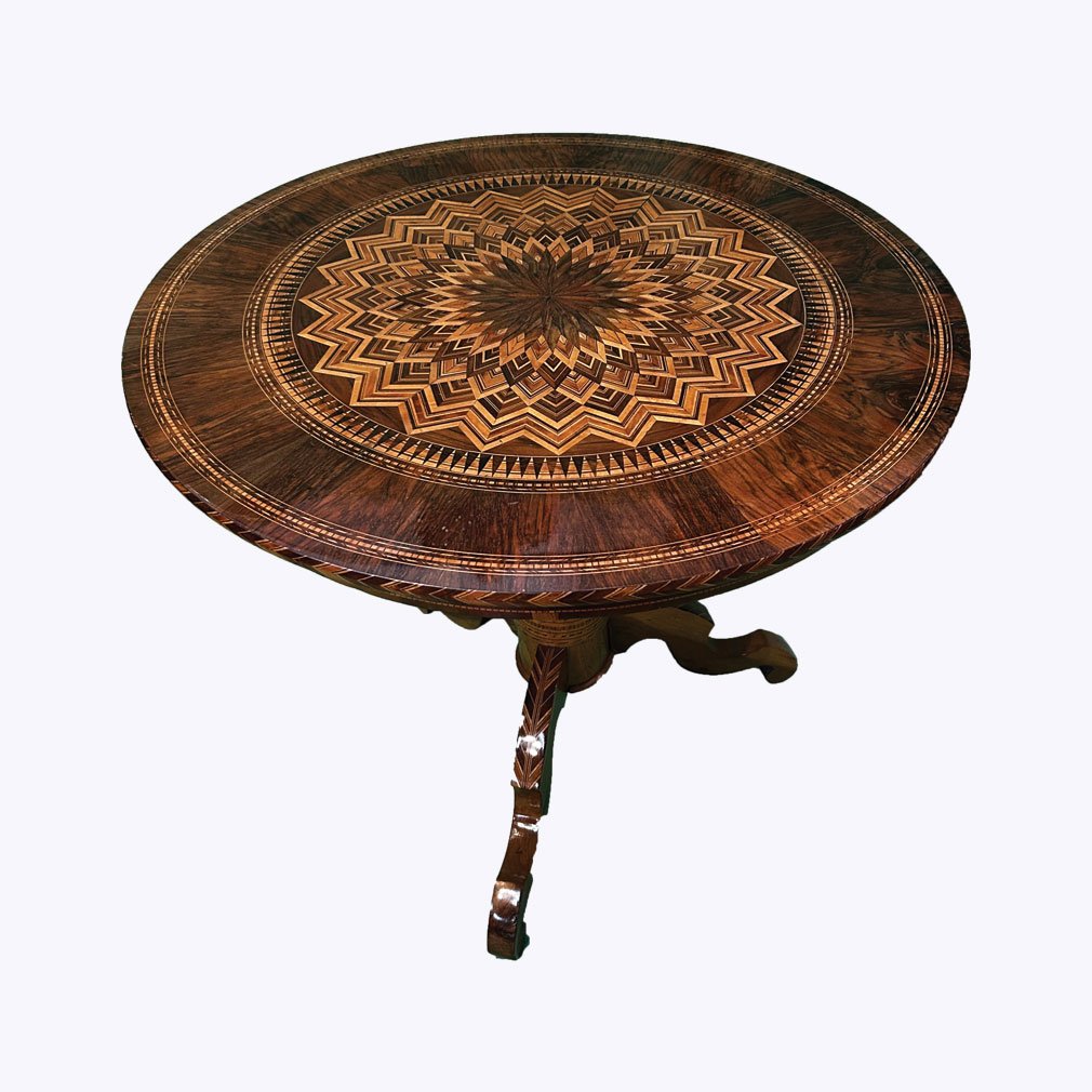 Round Table In Rosewood And Marquetry, 1920s - Diameter 90 Cm-photo-4