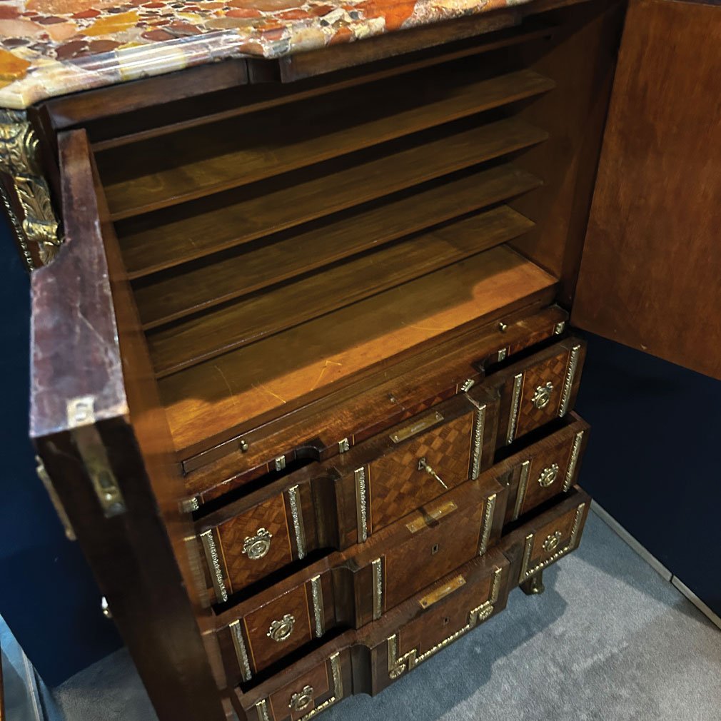Napoleon III Secretary In Marquetry, Marble And Gilt Bronze-photo-2