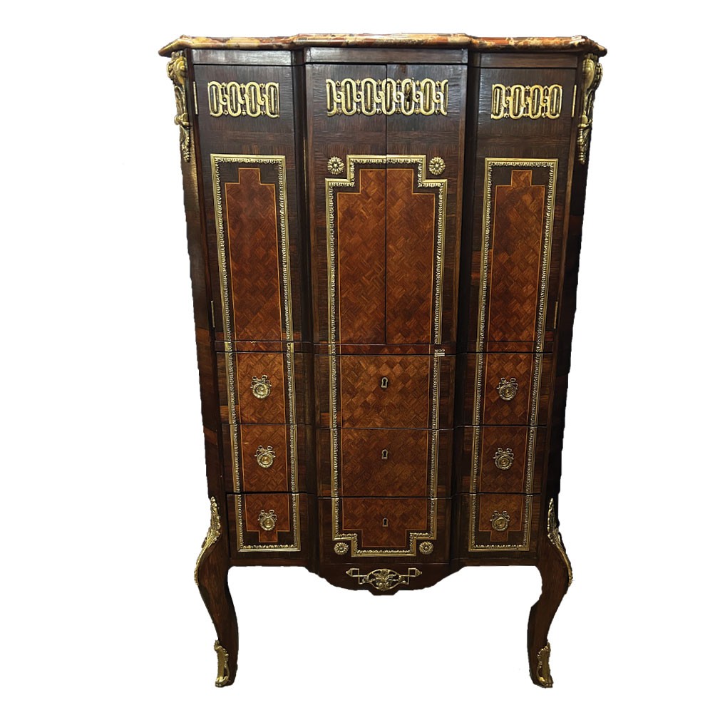 Napoleon III Secretary In Marquetry, Marble And Gilt Bronze