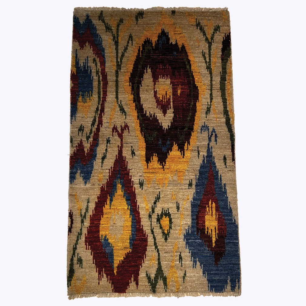 Afghan Ikat Rug In Wool With Multicoloured Tribal Design, 157 X 90 Cm