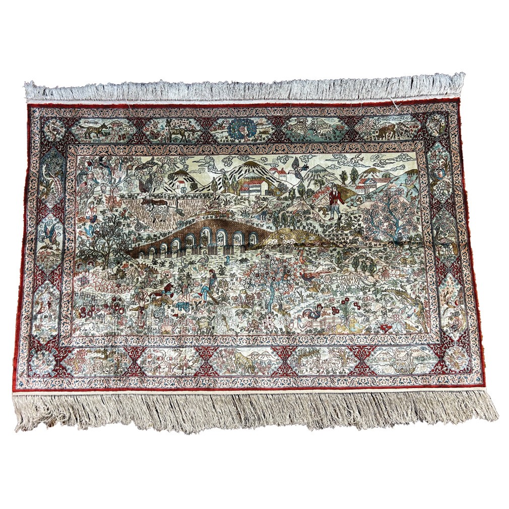 Tapis Soie sur Soie à Décor Paysage et Animaux | 185x120 cm