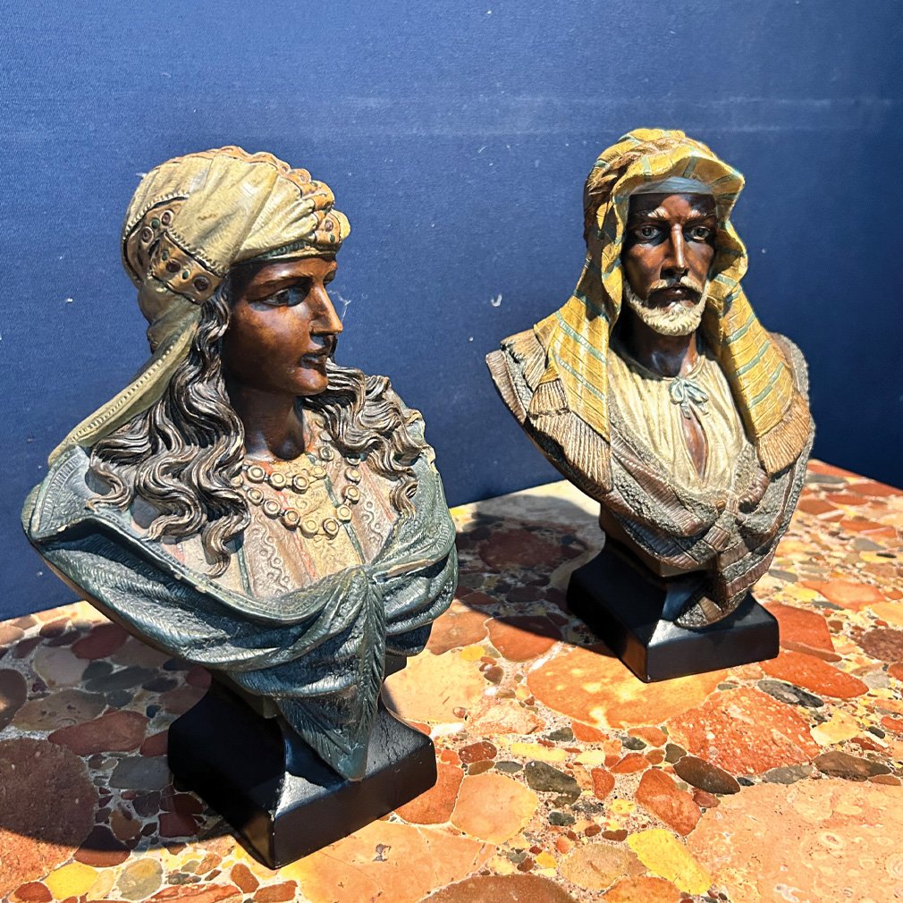 Pair Of Orientalist Busts In Polychrome Terracotta-photo-3