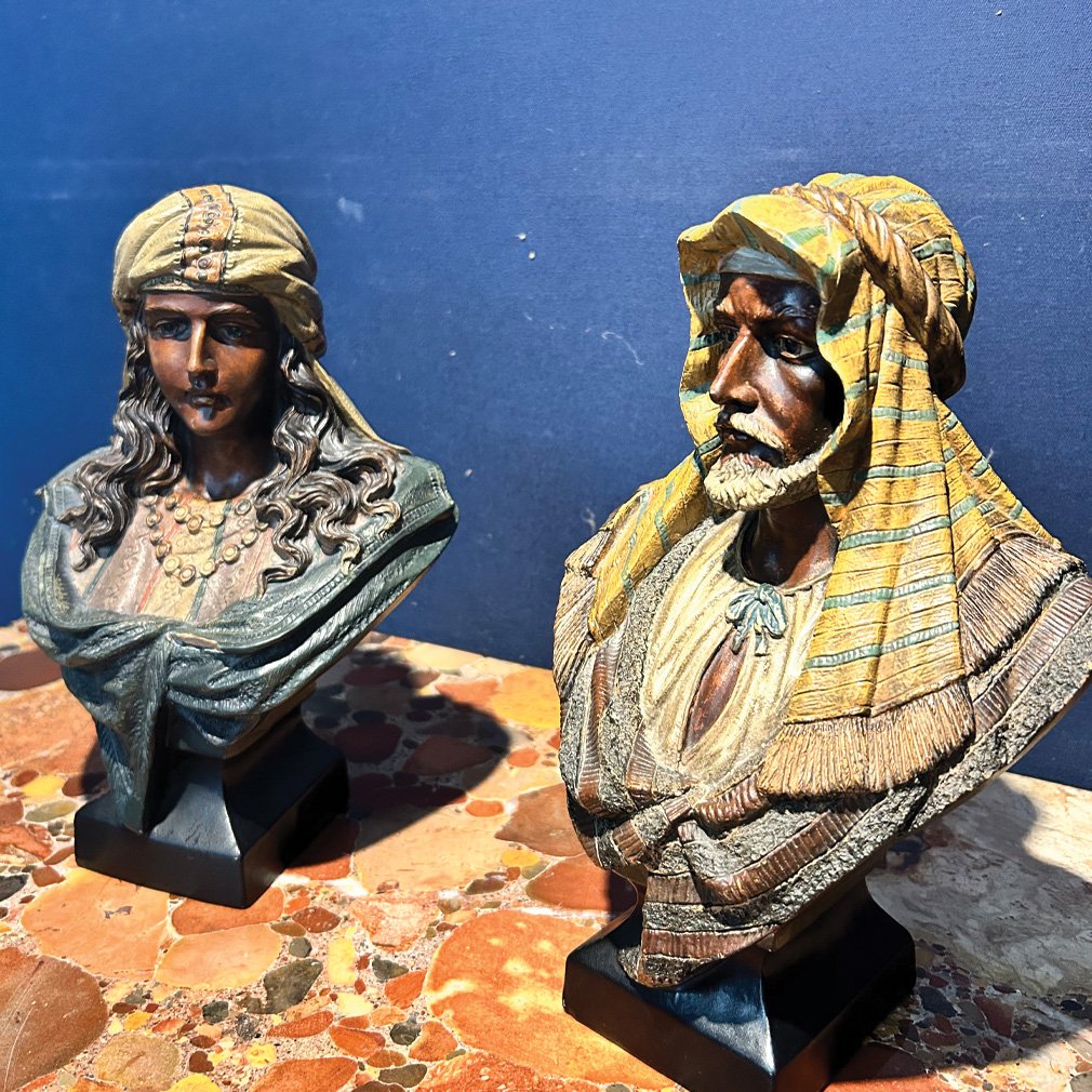 Pair Of Orientalist Busts In Polychrome Terracotta-photo-4