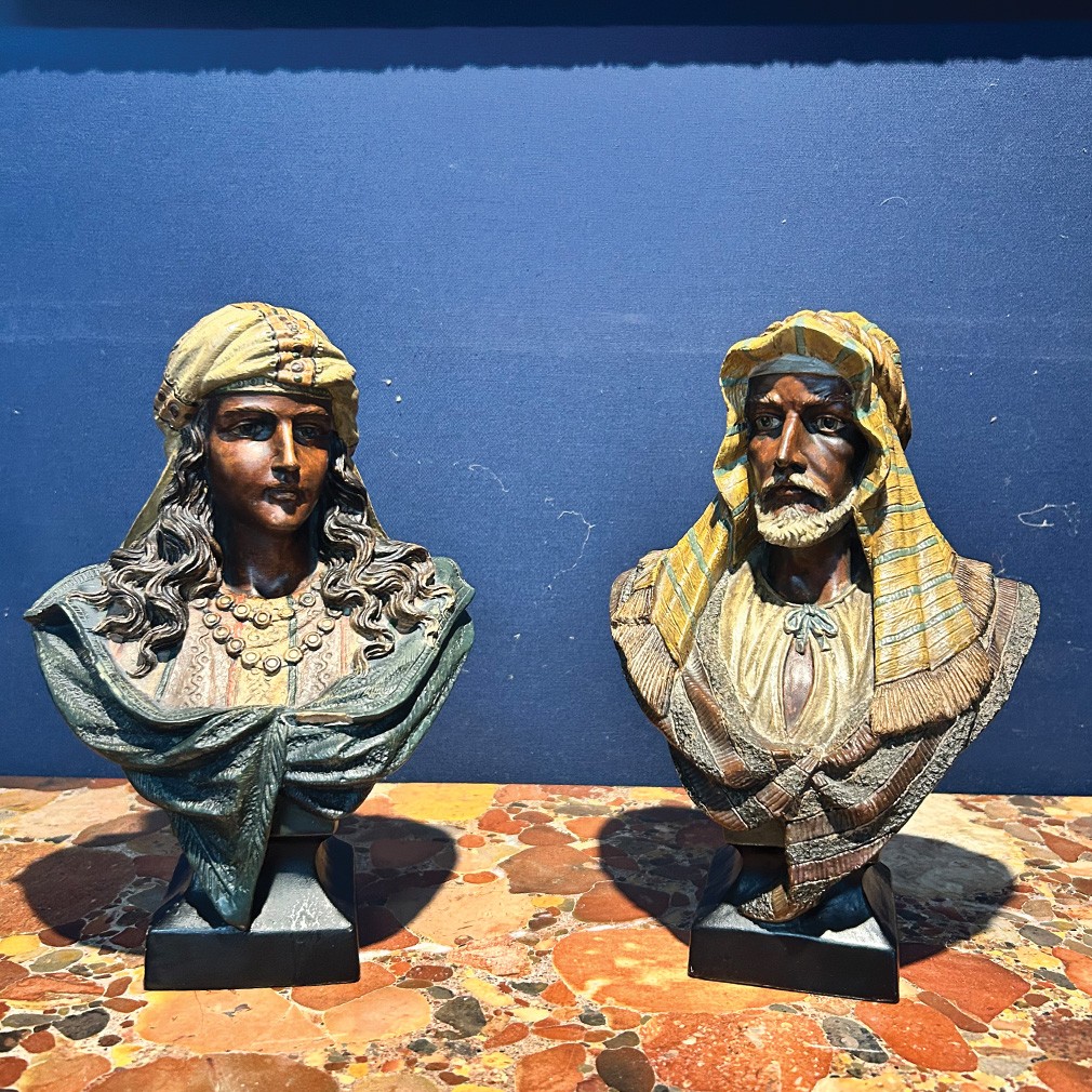Pair Of Orientalist Busts In Polychrome Terracotta