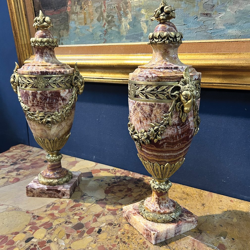 Pair De Cassolettes De Style Louis XVI En Marbre Et Bronze Doré, Début XXe Siècle-photo-2