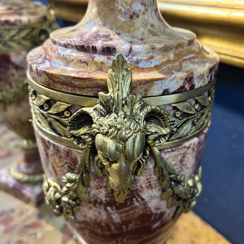 Pair De Cassolettes De Style Louis XVI En Marbre Et Bronze Doré, Début XXe Siècle-photo-3