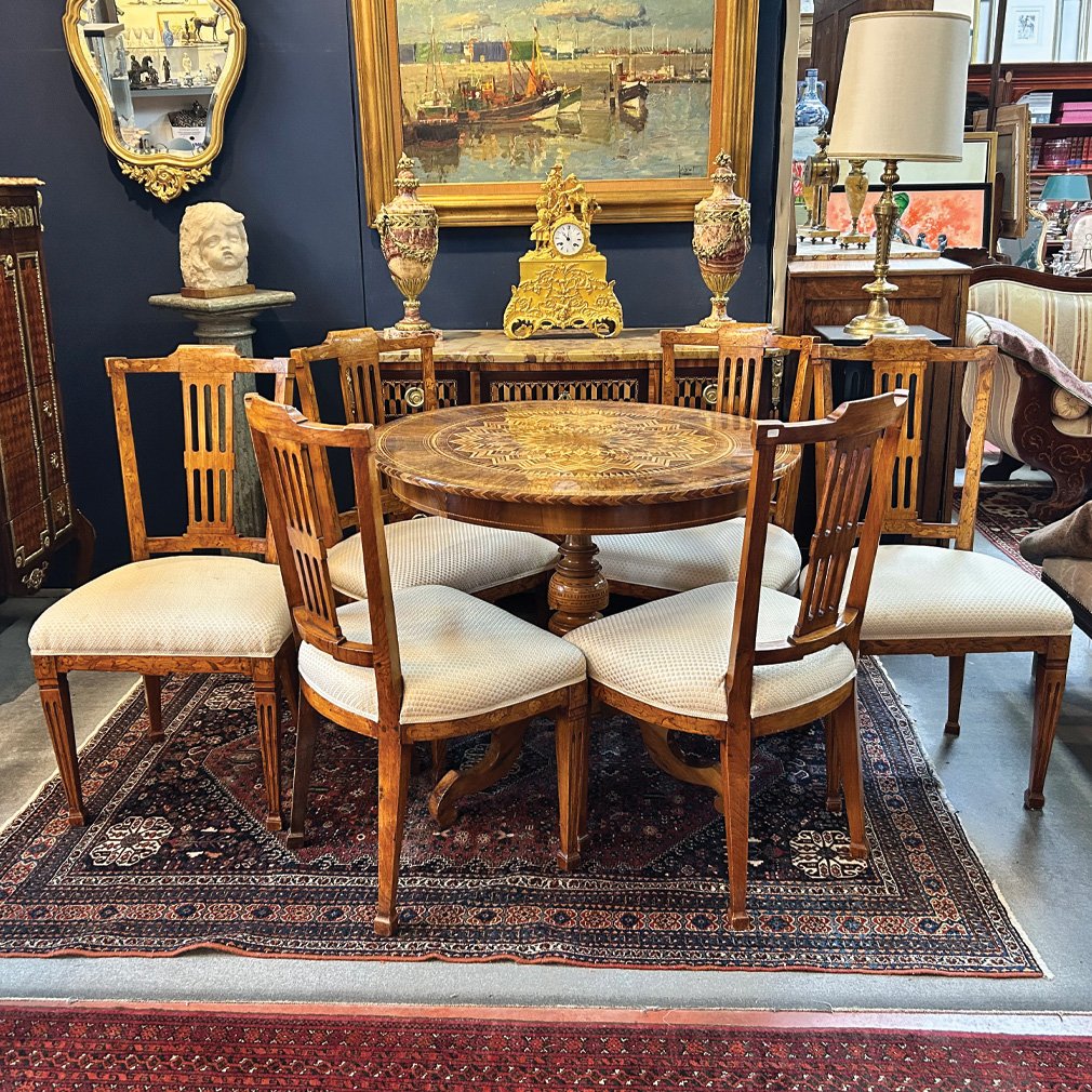 Suite De 6 Chaises De Salle À Manger De Style Louis XVI En Marqueterie, XIXe Siècle-photo-2
