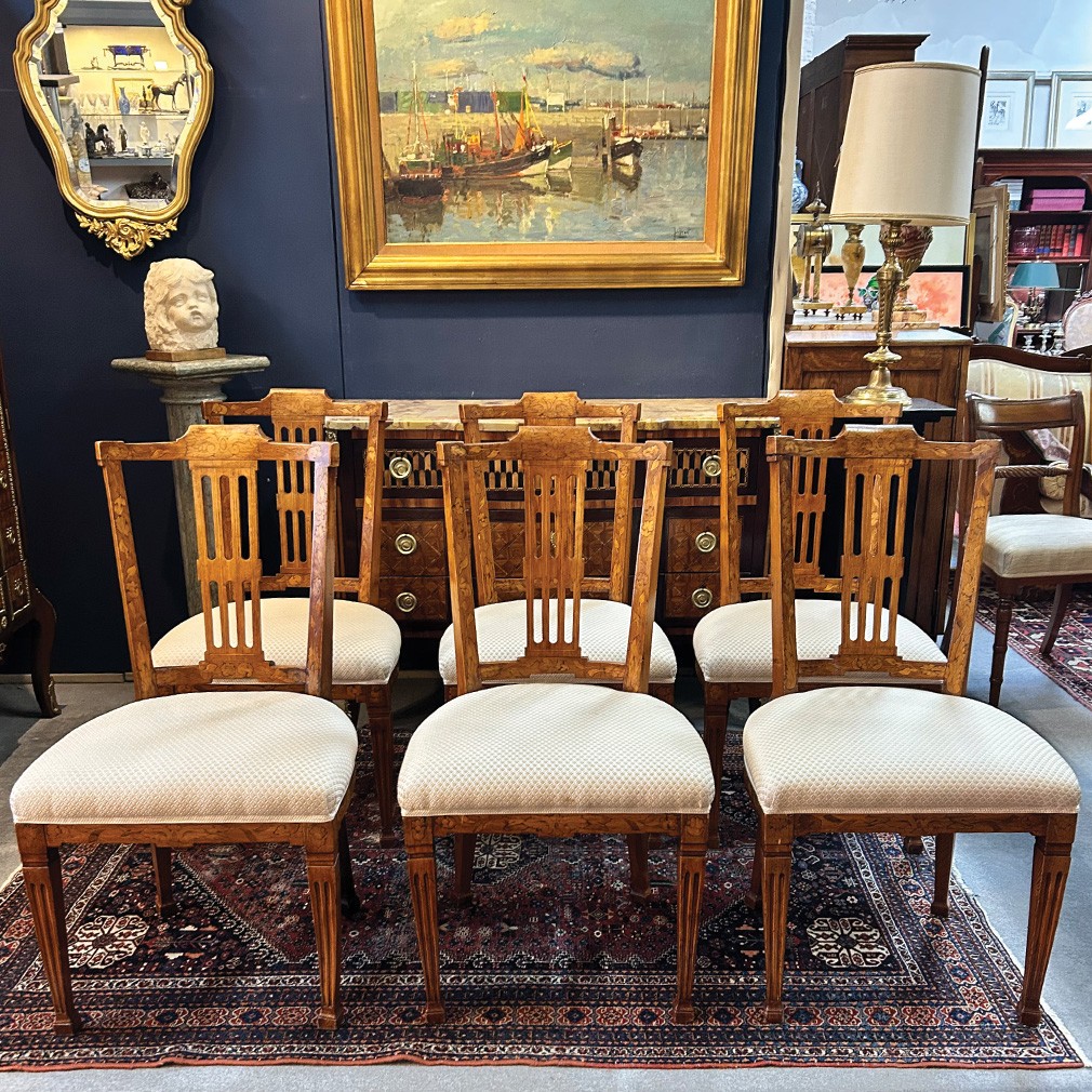 Suite De 6 Chaises De Salle À Manger De Style Louis XVI En Marqueterie, XIXe Siècle