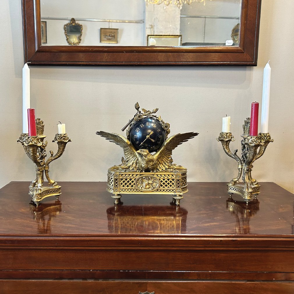Napoleon III French Mantel Set With Eagle Pendulum And Pair Of Candelabras-photo-2