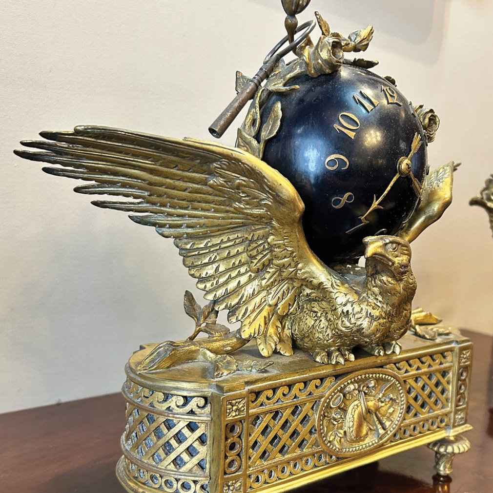 Napoleon III French Mantel Set With Eagle Pendulum And Pair Of Candelabras-photo-4