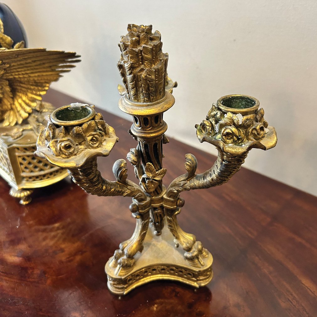 Napoleon III French Mantel Set With Eagle Pendulum And Pair Of Candelabras-photo-2