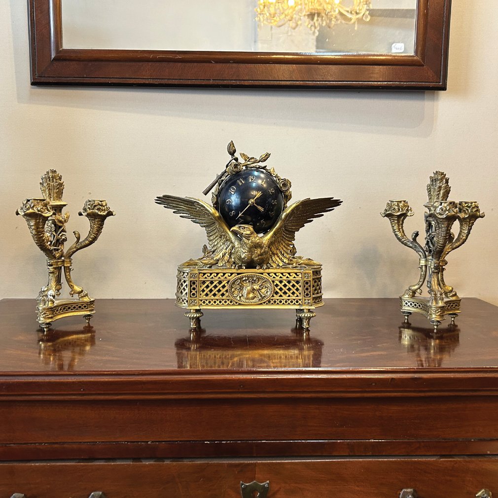 Napoleon III French Mantel Set With Eagle Pendulum And Pair Of Candelabras