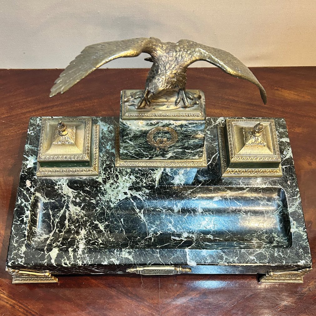 Encrier De Bureau Napoléon III En Marbre Vert Et Bronze À L’Aigle-photo-2