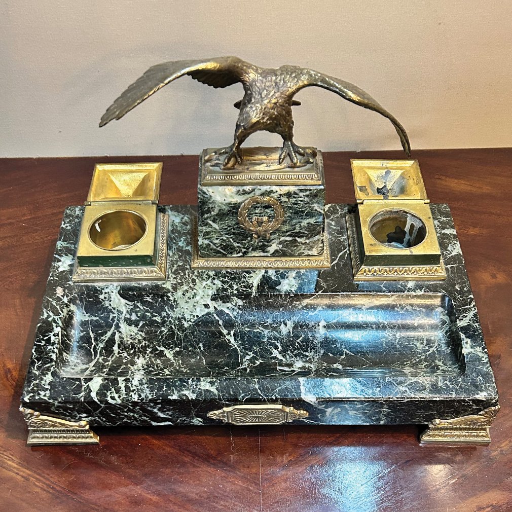 Encrier De Bureau Napoléon III En Marbre Vert Et Bronze À L’Aigle-photo-3