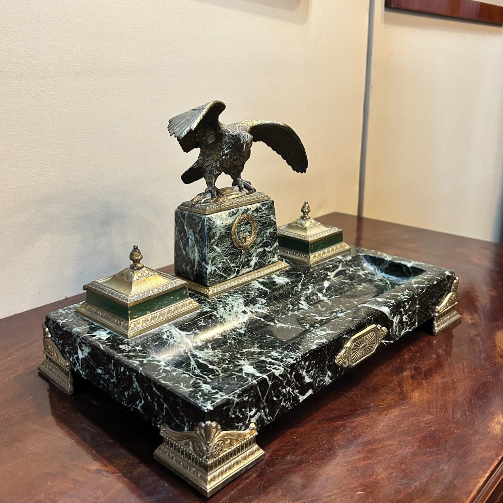 Encrier De Bureau Napoléon III En Marbre Vert Et Bronze À L’Aigle-photo-4