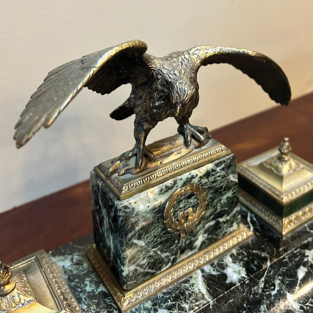 Encrier De Bureau Napoléon III En Marbre Vert Et Bronze À L’Aigle-photo-1