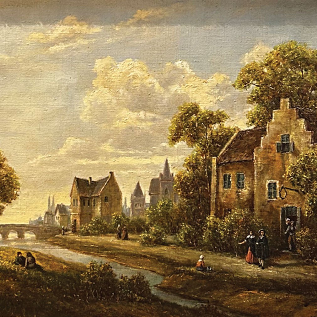 European Village Landscape, 19th-century Oil On Canvas, Framed-photo-2