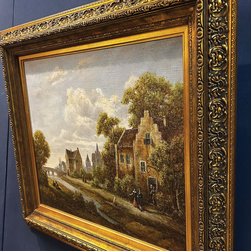European Village Landscape, 19th-century Oil On Canvas, Framed-photo-3