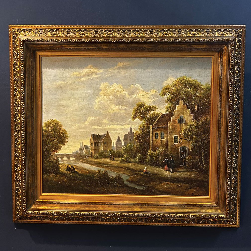 European Village Landscape, 19th-century Oil On Canvas, Framed