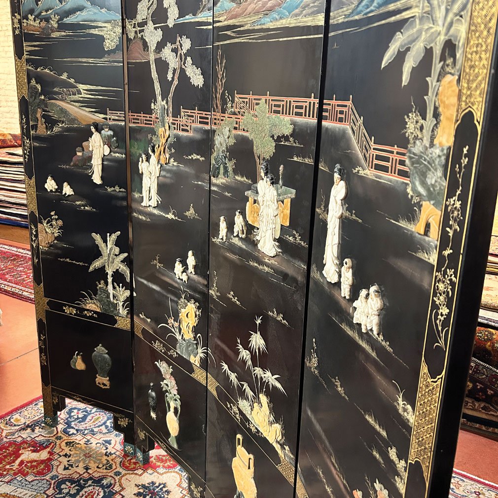 Paravent Japonais Byōbu À Quatre Feuilles En Laque Noire, Début XXe Siècle-photo-2