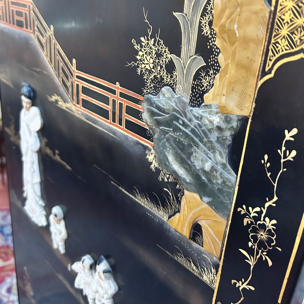 Paravent Japonais Byōbu À Quatre Feuilles En Laque Noire, Début XXe Siècle-photo-3
