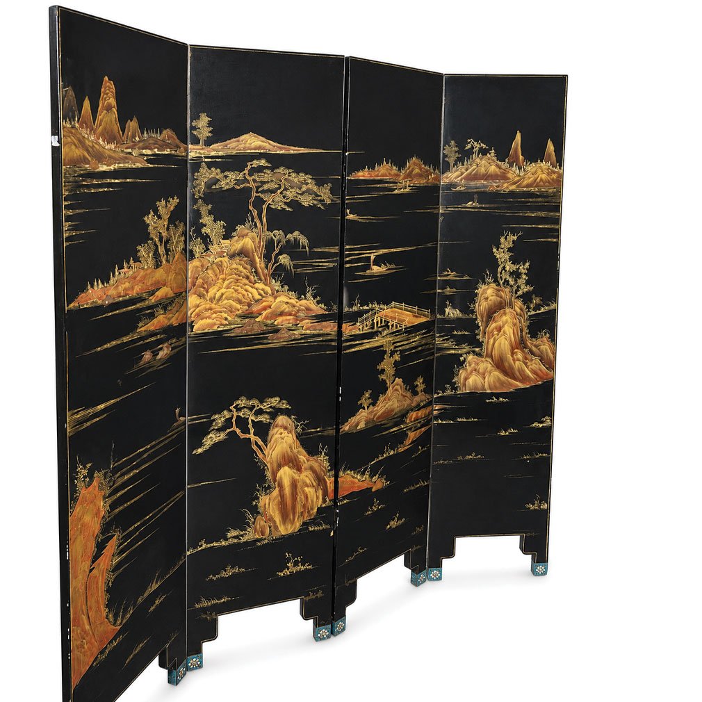 Paravent Japonais Byōbu À Quatre Feuilles En Laque Noire, Début XXe Siècle-photo-4