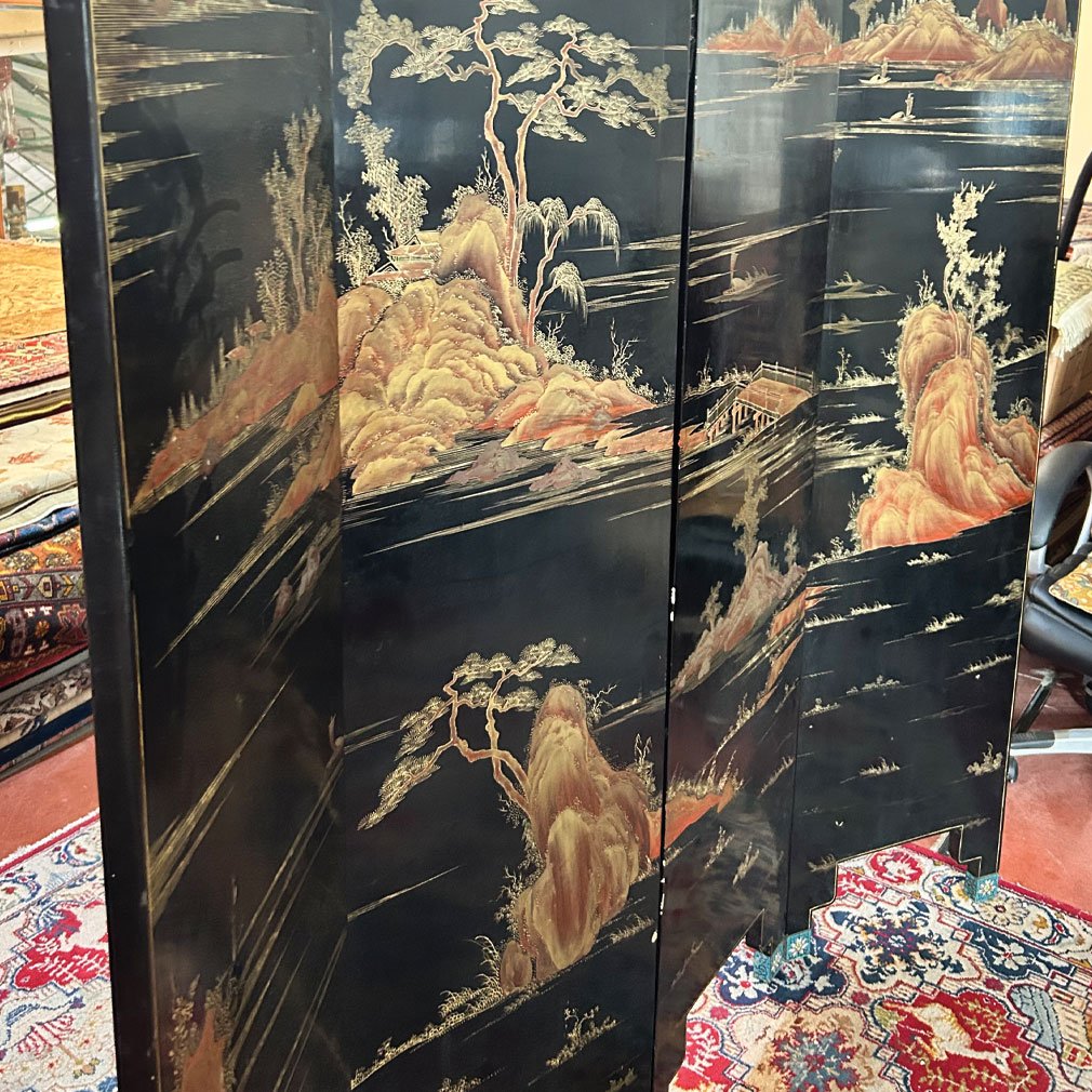 Paravent Japonais Byōbu À Quatre Feuilles En Laque Noire, Début XXe Siècle-photo-1