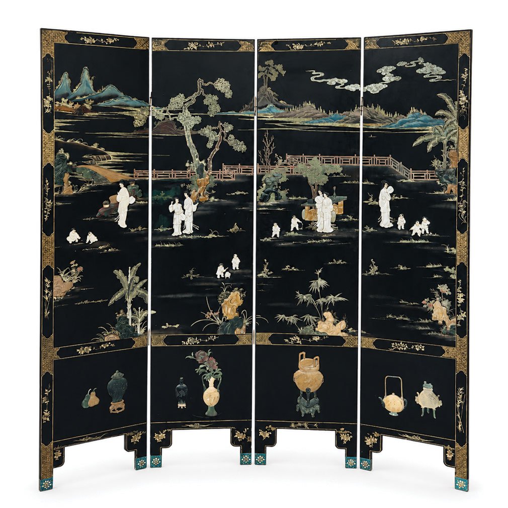 Paravent Japonais Byōbu À Quatre Feuilles En Laque Noire, Début XXe Siècle