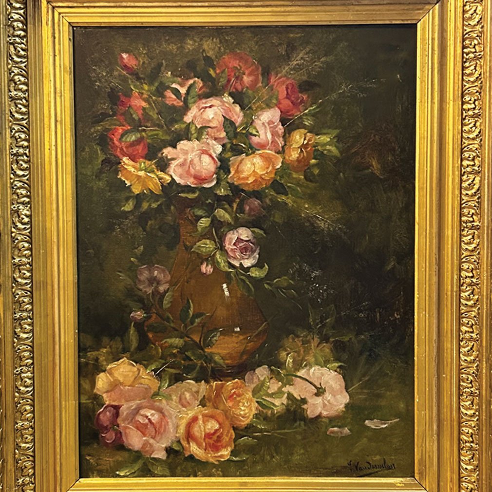 Vintage Flemish Still Life With Roses, Framed Oil On Canvas-photo-2