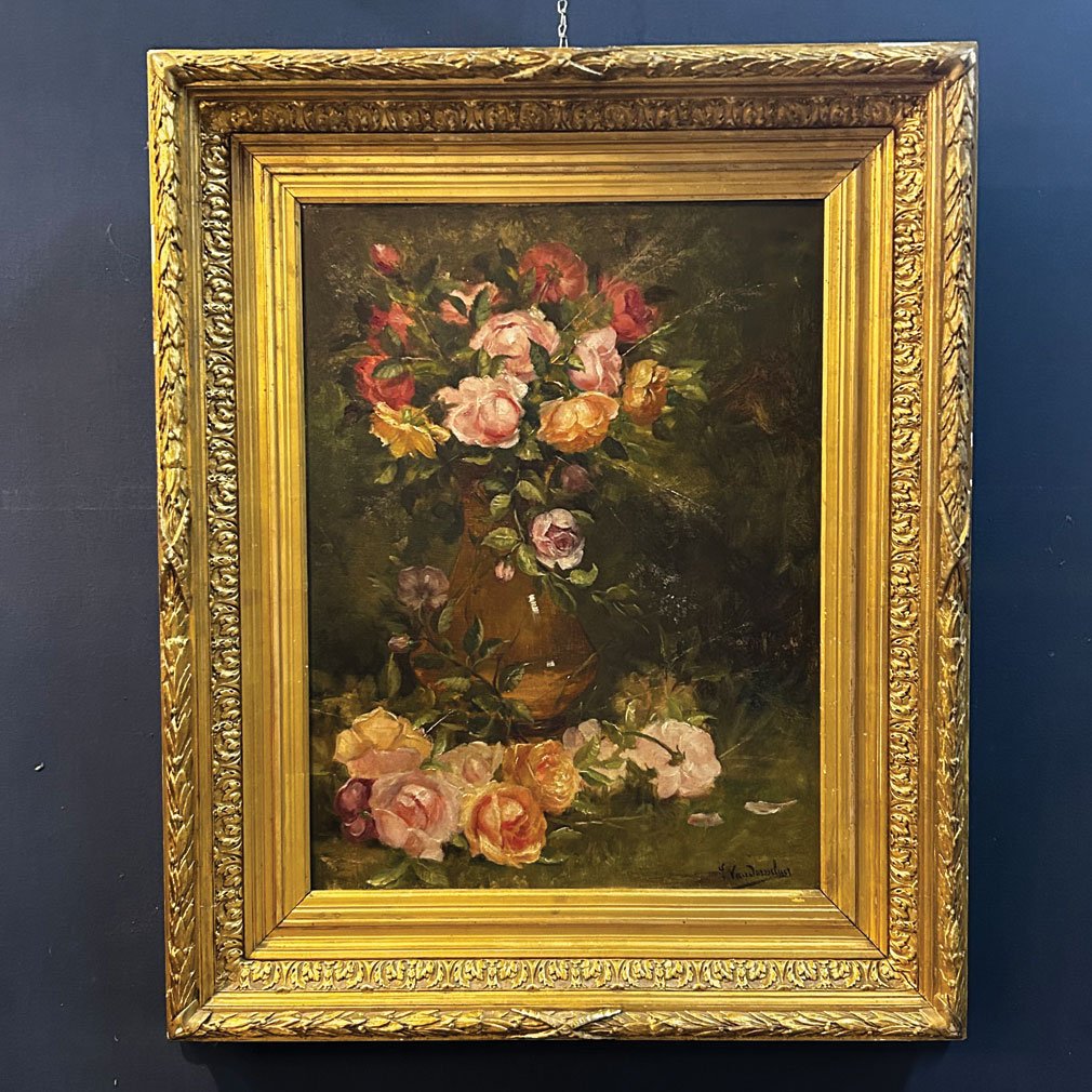 Vintage Flemish Still Life With Roses, Framed Oil On Canvas
