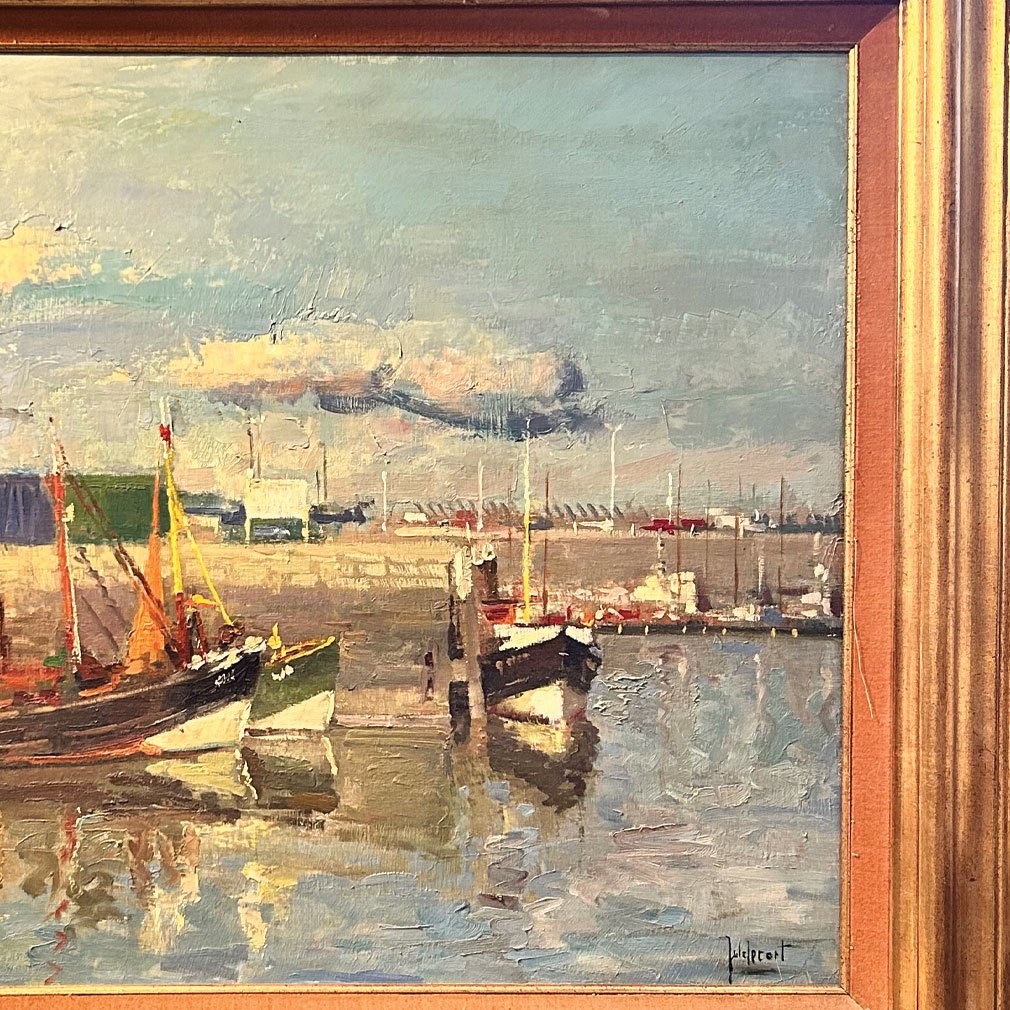Marine Signée, Huile Sur Toile, Scène De Port Vers 1930-photo-1