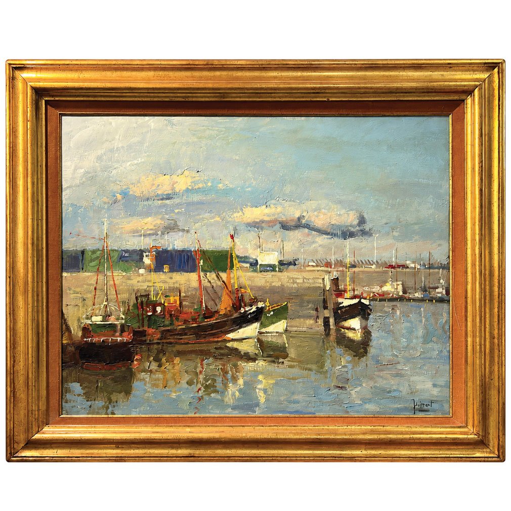 Marine Signée, Huile Sur Toile, Scène De Port Vers 1930