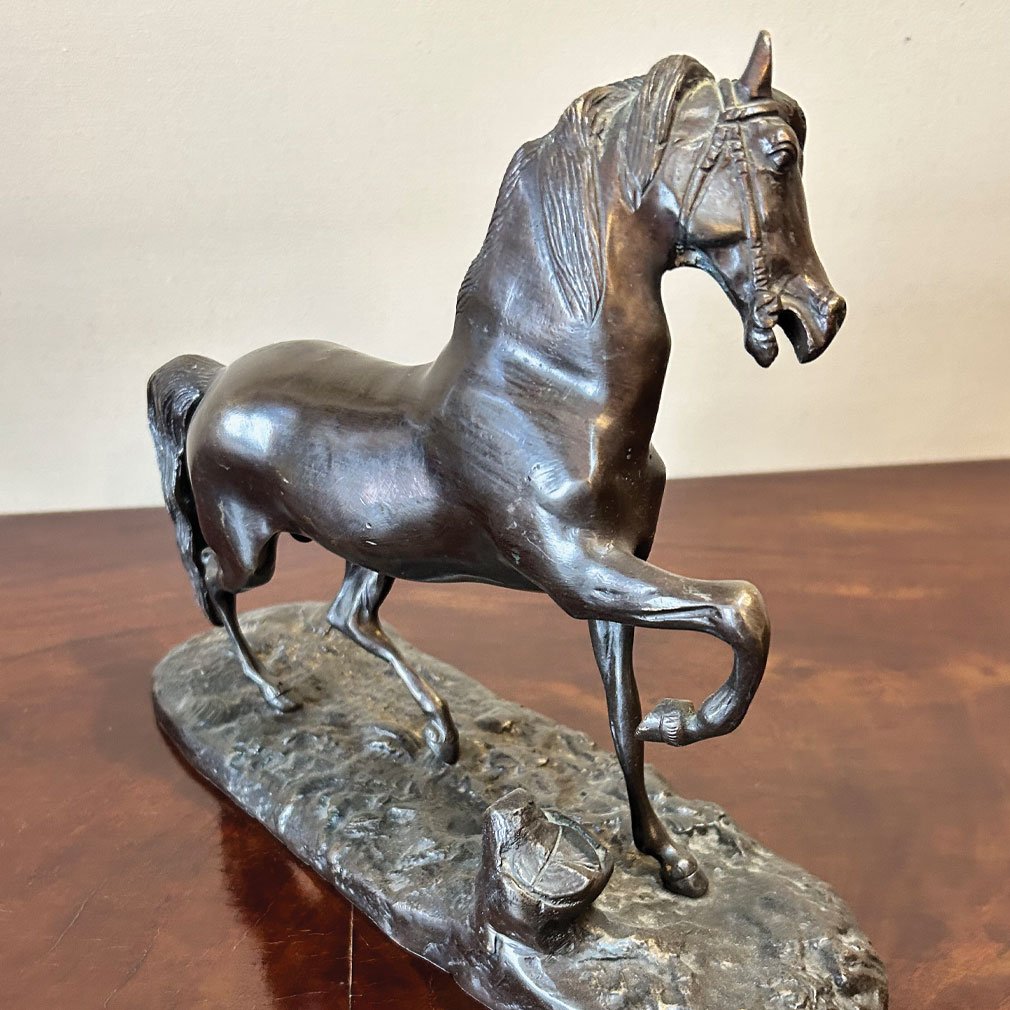 Bronze Sculpture Of A Horse In Motion With A Patina, Early 20th Century-photo-2