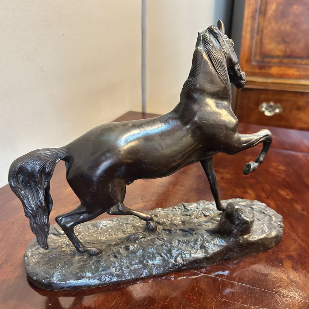 Bronze Sculpture Of A Horse In Motion With A Patina, Early 20th Century-photo-3