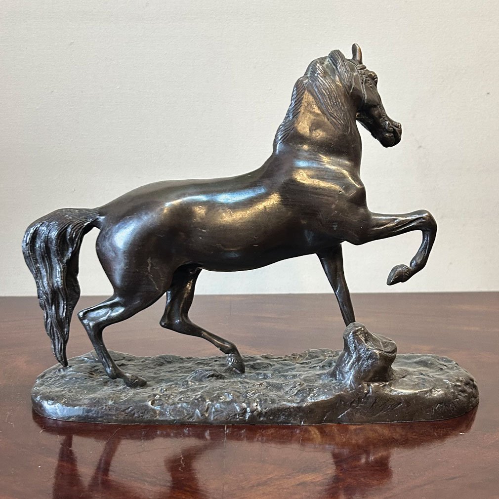 Bronze Sculpture Of A Horse In Motion With A Patina, Early 20th Century-photo-4