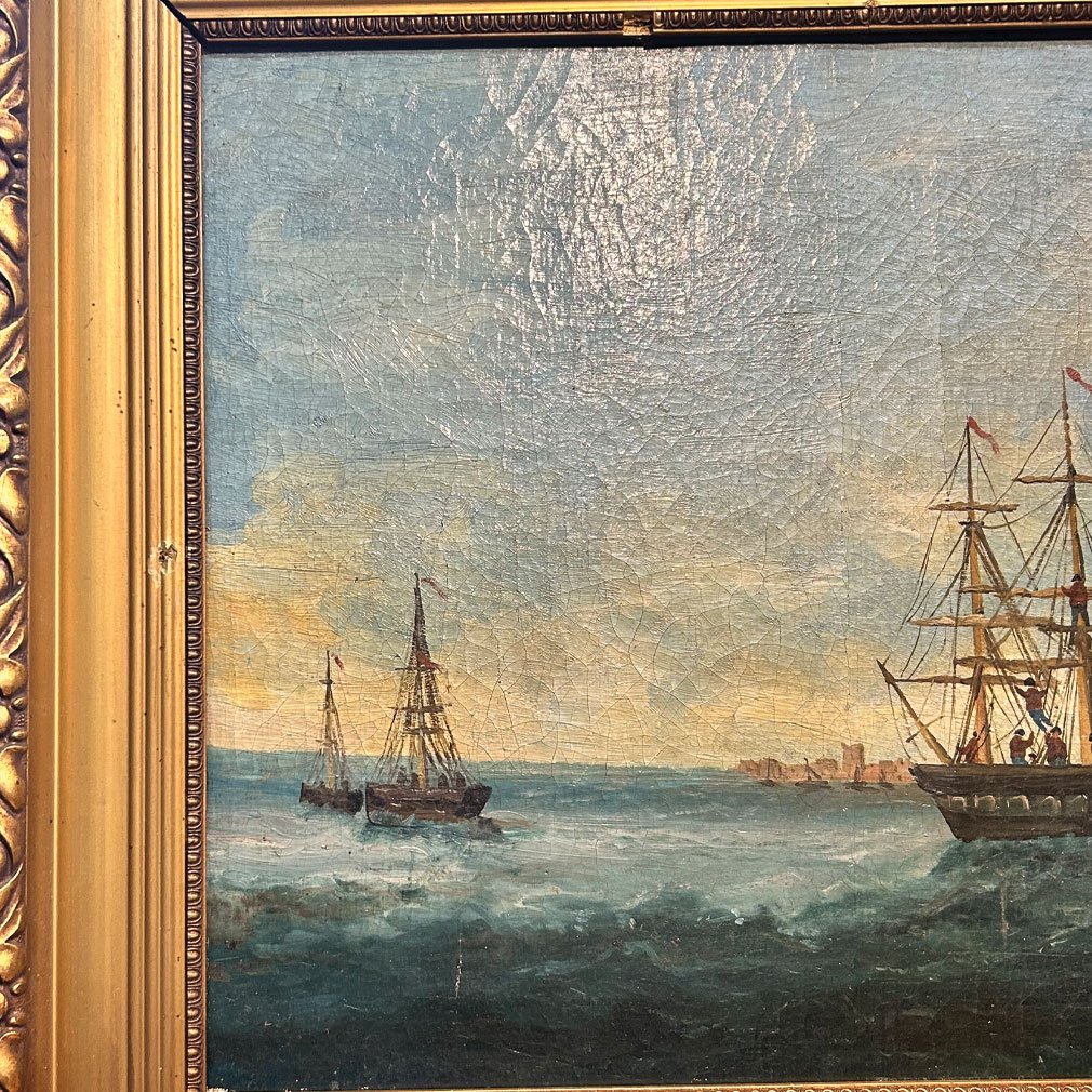Signed Seascape With Sailing Ships, Oil On Canvas, Circa 1900-photo-2