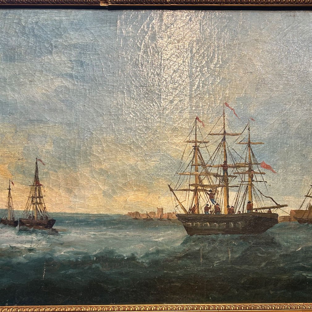 Signed Seascape With Sailing Ships, Oil On Canvas, Circa 1900-photo-3