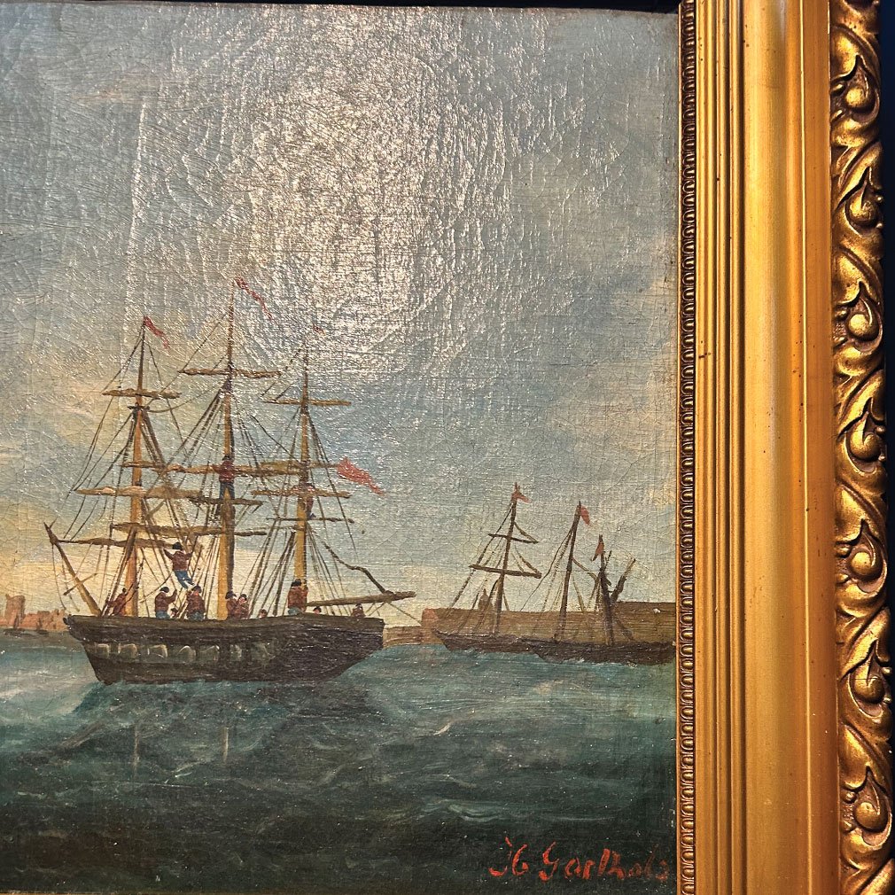 Signed Seascape With Sailing Ships, Oil On Canvas, Circa 1900-photo-4