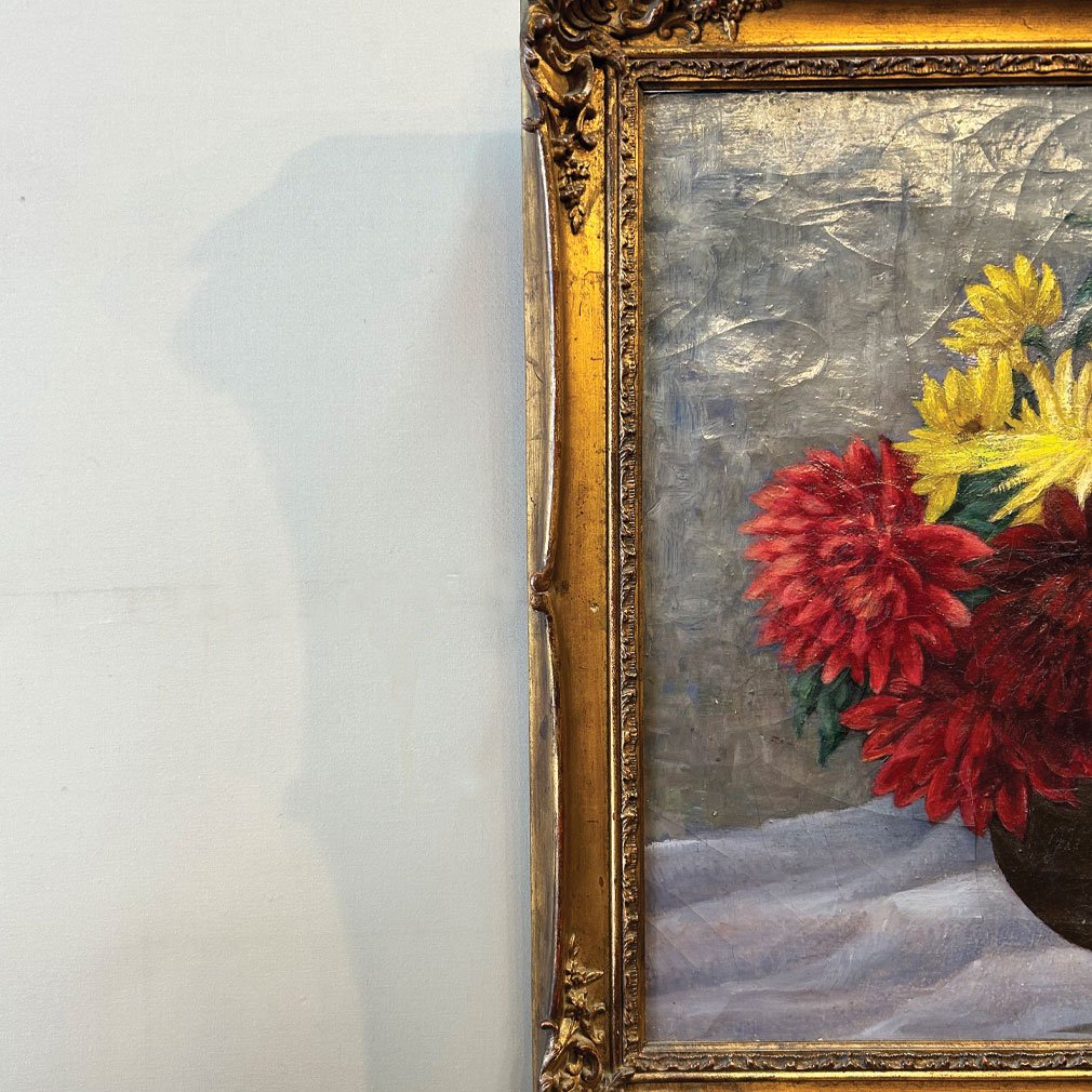 Nature Morte Florale Ancienne, Huile Sur Toile, Début Du XXe Siècle-photo-2