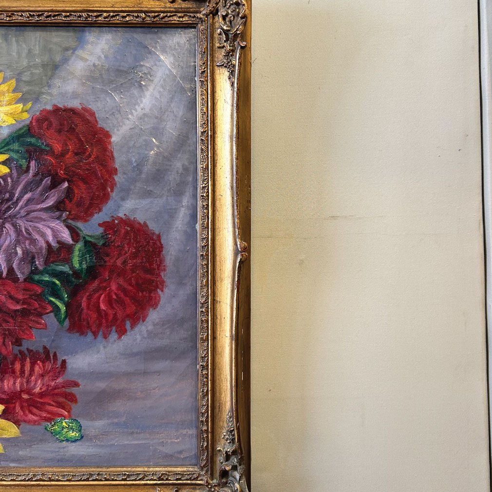 Nature Morte Florale Ancienne, Huile Sur Toile, Début Du XXe Siècle-photo-4