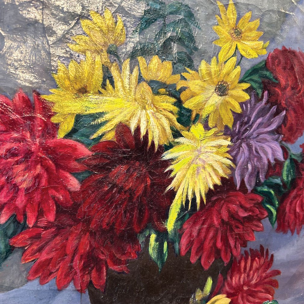 Nature Morte Florale Ancienne, Huile Sur Toile, Début Du XXe Siècle-photo-1
