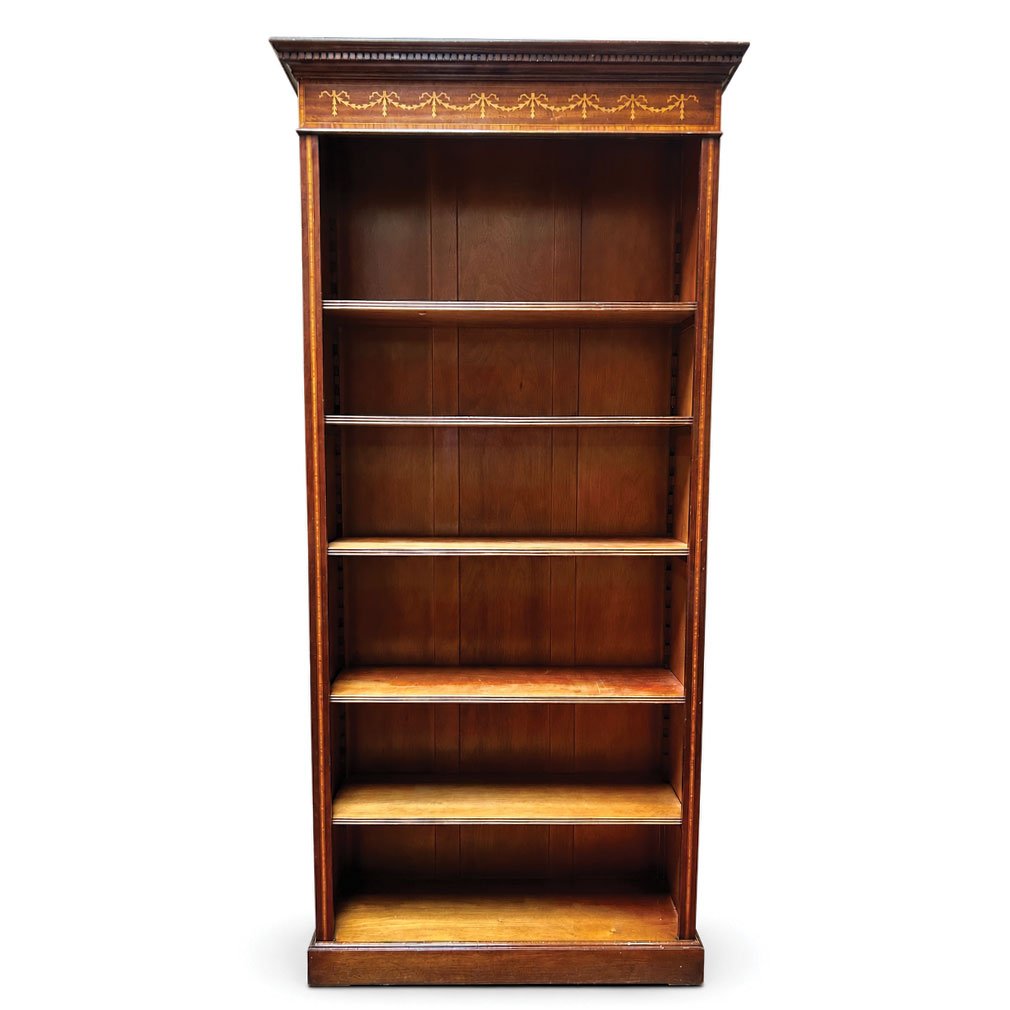 Bibliothèque Anglaise Ouverte En Acajou Et Marqueterie, Début XXe Siècle