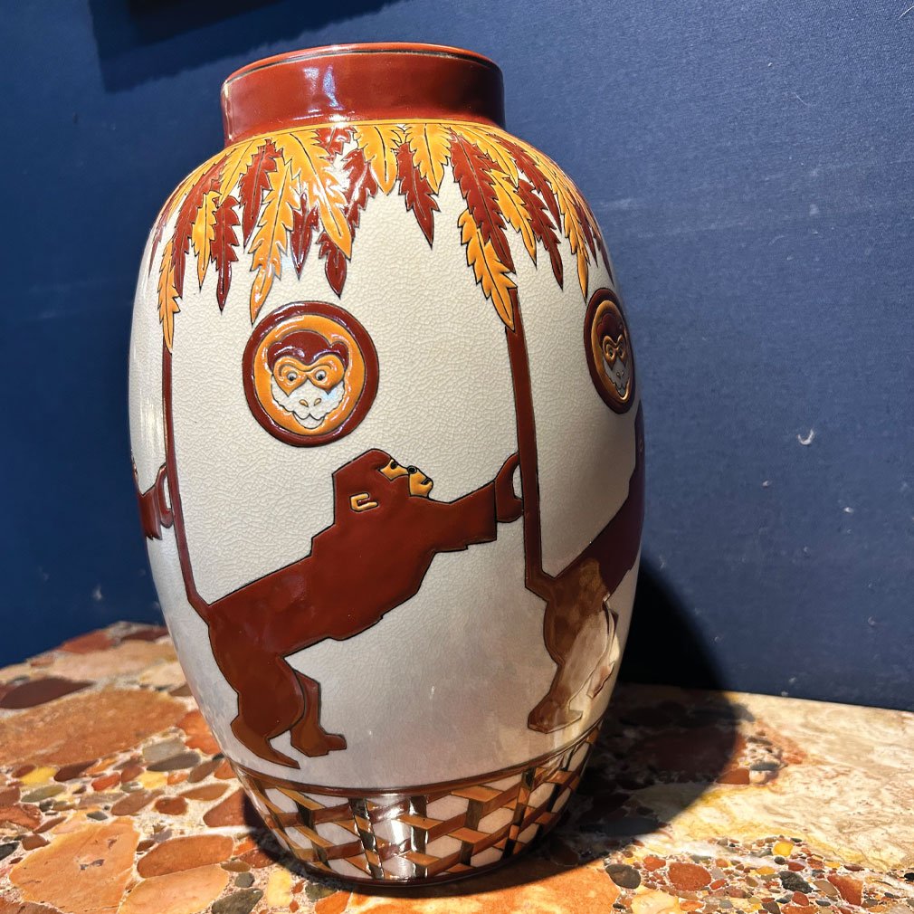 Art Deco Vase With Monkeys, Attributed To Keralouve, La Louvière-photo-2